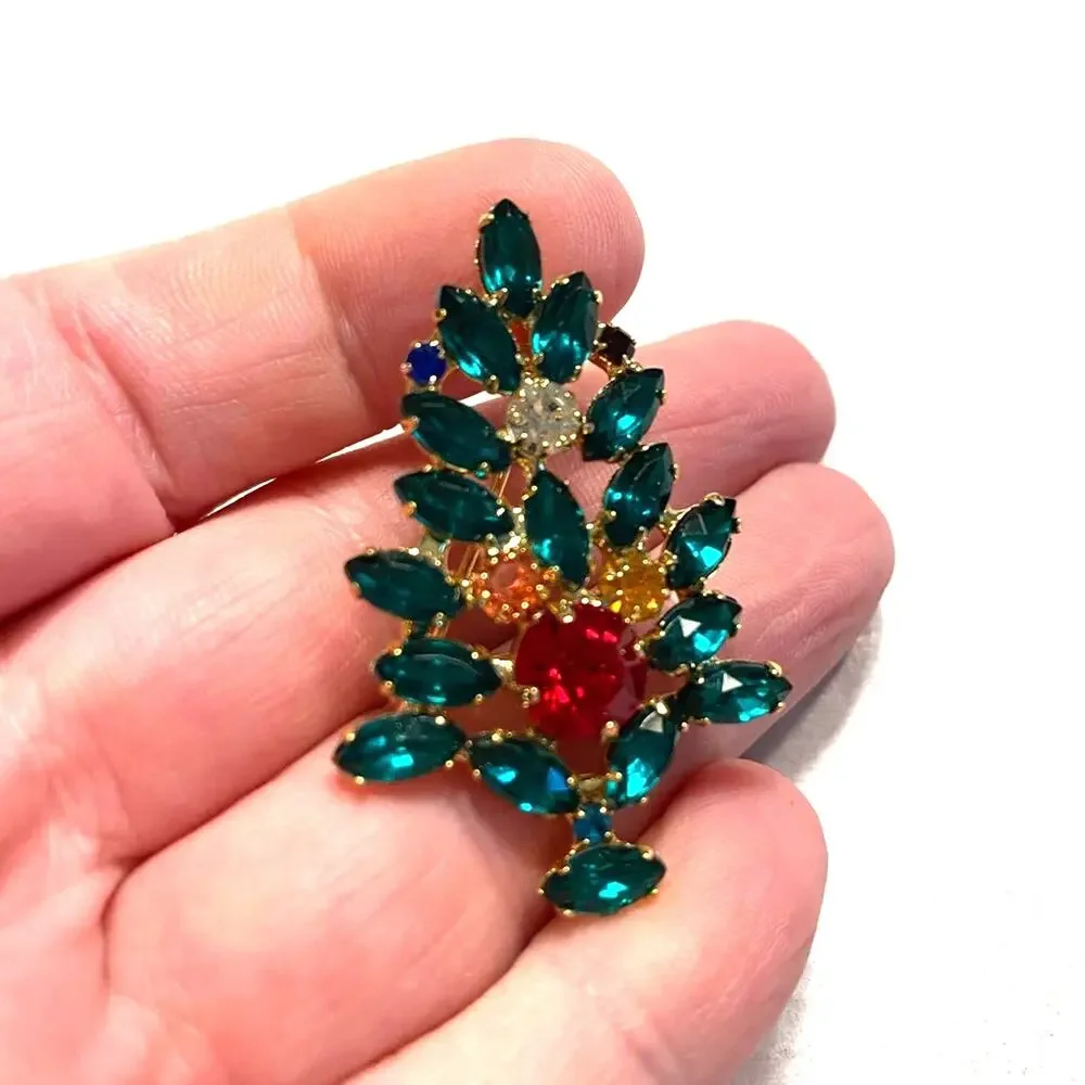 Rhinestone Christmas Tree brooch festive multicolor holiday pin fashion jewelry